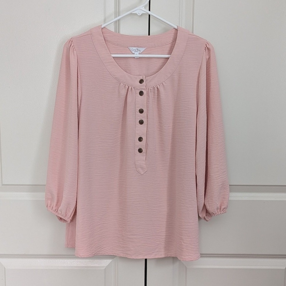 Coral Bay Women's Petite Pink Henley Button Blouse 3/4 Puff Sleeve Top Size‎ PL